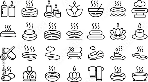  Hot Spring and Spa line Icons set, smoke or hot spring onsen culture with hot baths, towels, volcanic steam, and more vector illustration