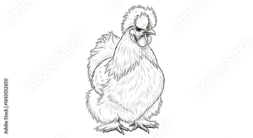 Detailed monochrome line art depiction of a fluffy Silkie chicken