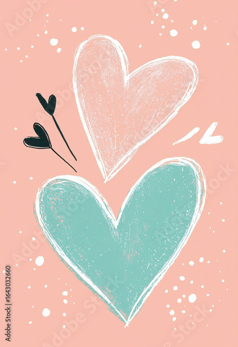 Minimalist heart outline in coral and teal colors on pink background