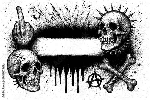 Grunge Skull and Crossbones Border with Barbed Wire, Middle Finger, and Anarchy Symbol in Black and White