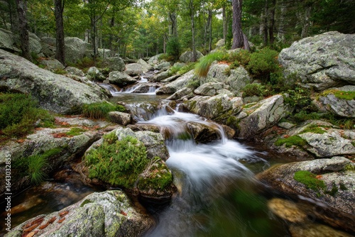 Gentle mountain stream cascading over rocks