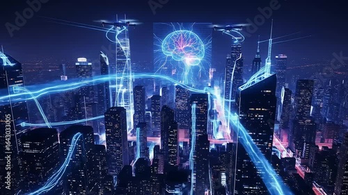 Futuristic cityscape with glowing energy streams and drones around a digital brain