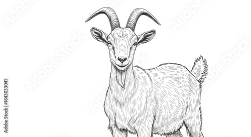 Detailed pen and ink drawing of a domestic goat with majestic horns