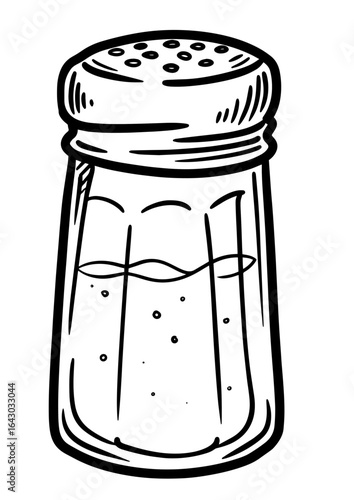Glass salt shaker with lid and visible salt granules  