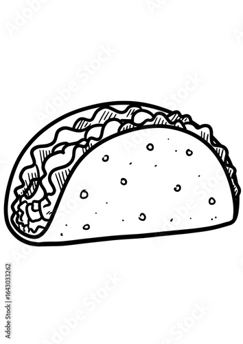 Hand-drawn taco filled with lettuce and tomato on white background  