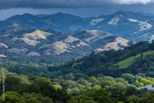 Lush hills and valleys, rolling terrain under a dramatic sky