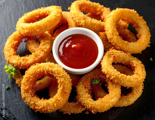 Panko onion ring platter — golden rings with ketchup dipping bowl on slate