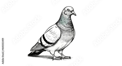 Detailed sketch of a pigeon standing alert on a clean white surface