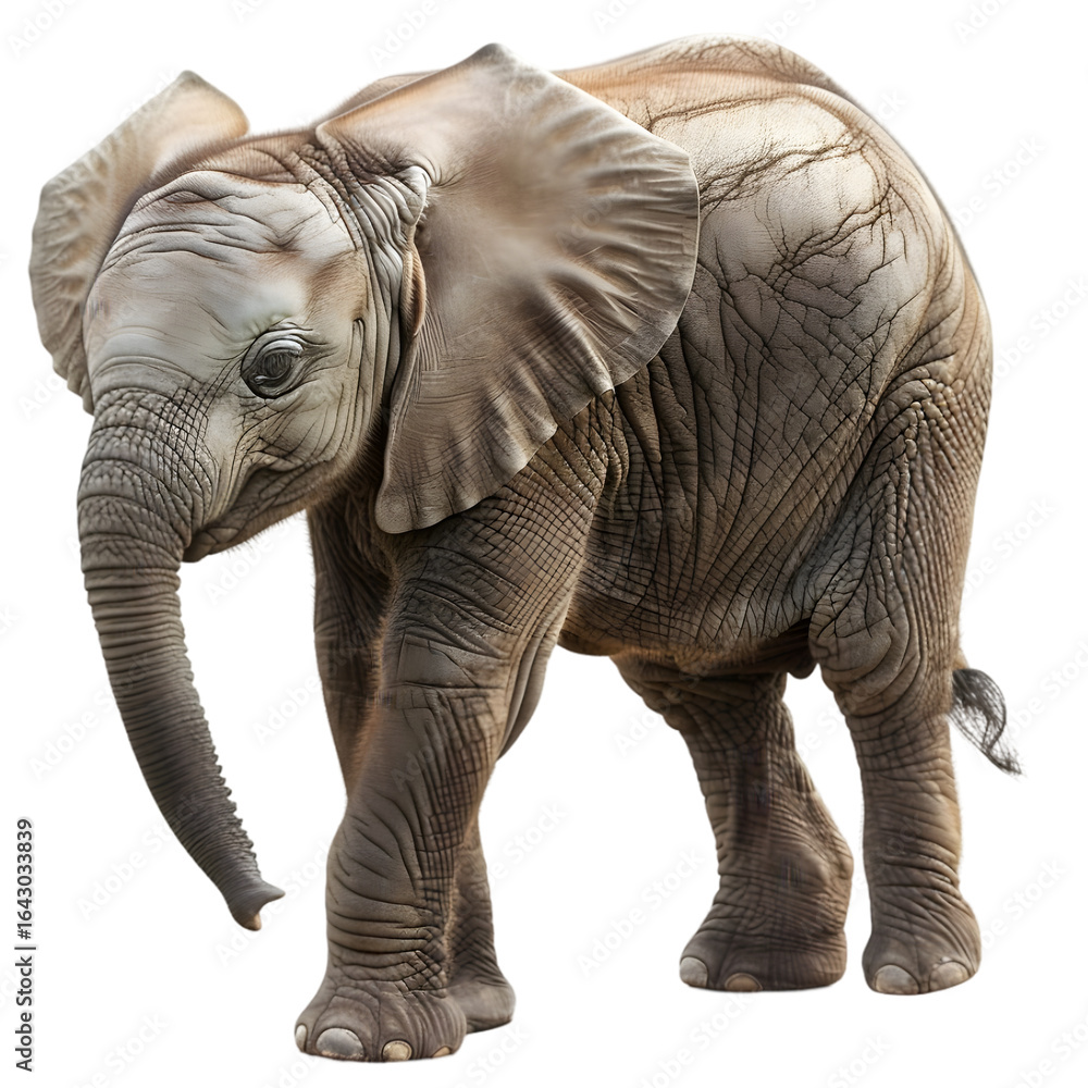 Fototapeta premium Young elephant walking gracefully through a lush green landscape, showcasing its majestic form