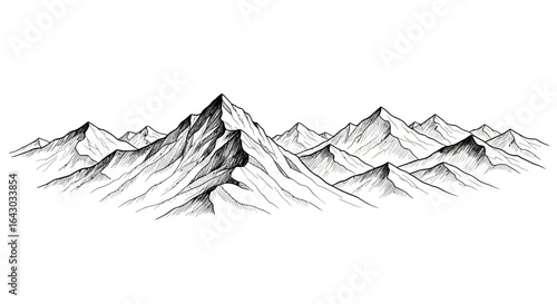Dramatic mountain range ink sketch landscape, panoramic alpine scenery art