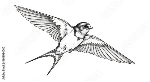 Elegant hand drawn illustration of a swallow flying, Isolated on white