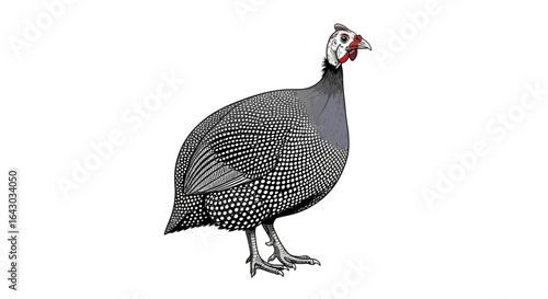 Elegant guinea fowl isolated on white background, striking polka dot pattern