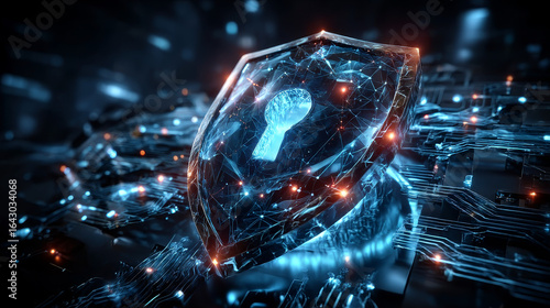 Businessman hand touches a shield, access management protects digital assets, ensures secure access policies. Concept represents safeguarding sensitive information, maintaining user authentication.