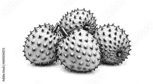 Elegant Ink Drawing of Exotic Soursop Fruits on Clean White Canvas