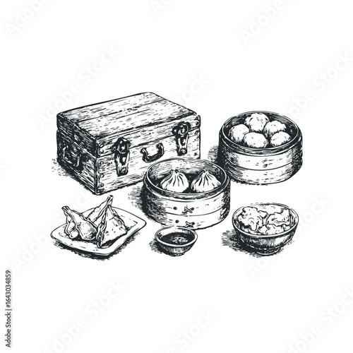 Hand-drawn assortment of Asian dumplings and dipping sauce on white background