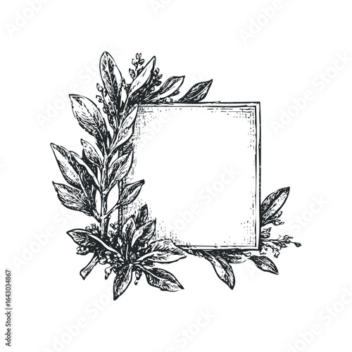 Square frame decorated with detailed sketch of laurel branches and leaves