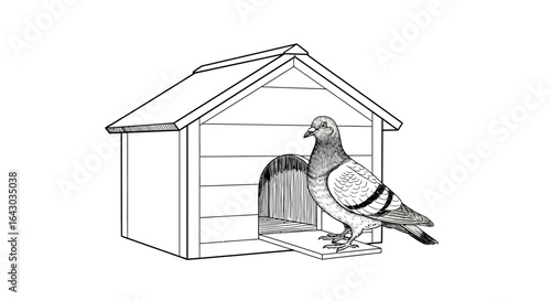 Elegant pigeon perched at a simple doghouse illustration with precise lines