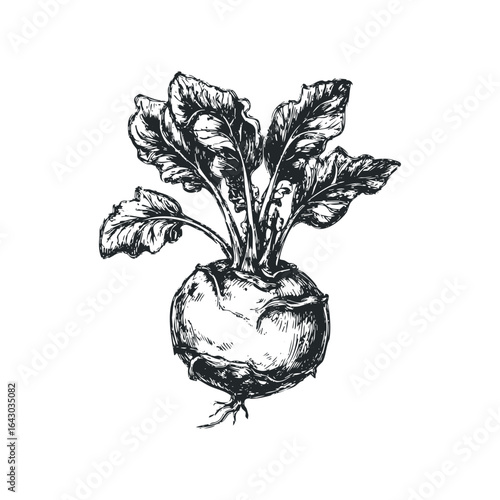 Sketch of kohlrabi vegetable with leaves and roots isolated on white