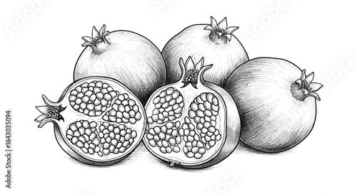 Elegant Pomegranate Still Life with Intricate Hatching and Grain Details