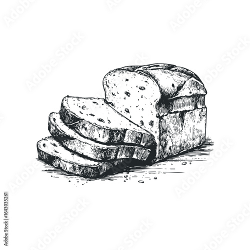 Sketch of Sliced Loaf of Bread with Seeds on White Background