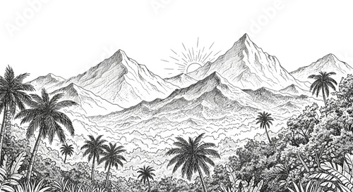 Exotic mountain range sketch rising above a verdant tropical forest landscape