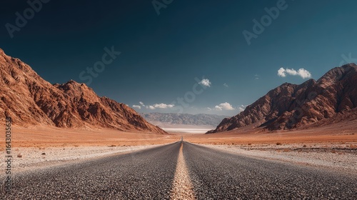 A long, straight road vanishes into a desert valley between imposing mountains under a vibrant blue sky