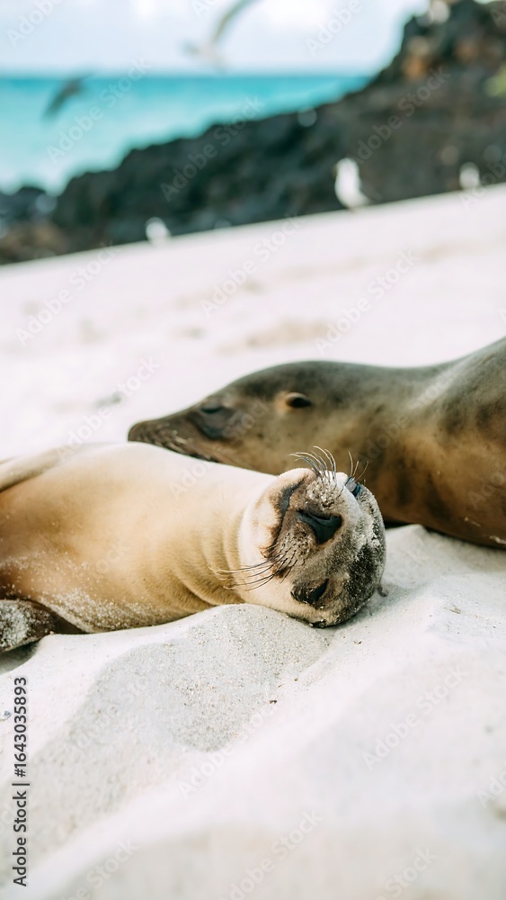 Fototapeta premium Two playful sea lions on a beach