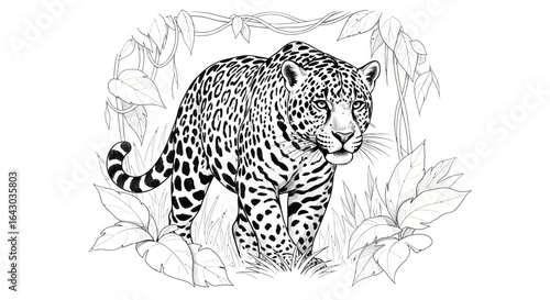Hand Drawn Jaguar Roaming amidst Lush Tropical Foliage Detailed Illustration