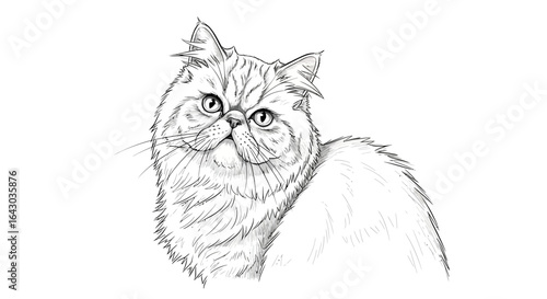 Hand Drawn Portrait of a Long Haired Persian Cat with Expressive Eyes