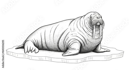 Hand drawn vector sketch illustration of a walrus resting on an ice floe
