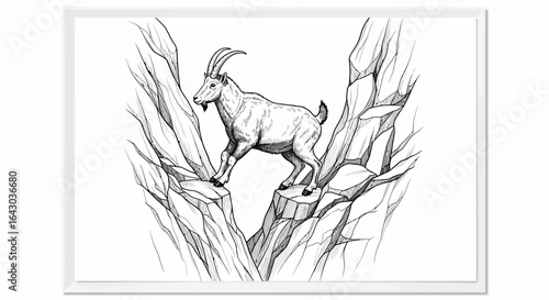 Illustrative depiction of an ibex navigating steep rocky terrain in monochrome