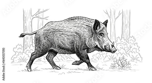 Ink illustration of a wild boar trotting through a sparse forest scene