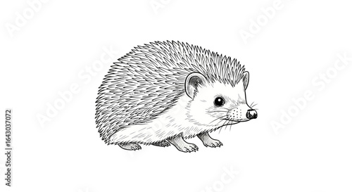 Intricate Ink Drawing of a European Hedgehog Standing on White Background