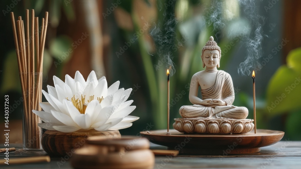 Obraz premium Serene meditation scene with buddha statue, incense, and lotus flower. White Lotus Day