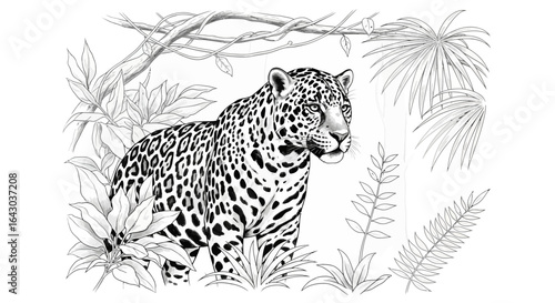 Intricate Hand-Drawn Jaguar Illustration Amidst Lush Tropical Foliage