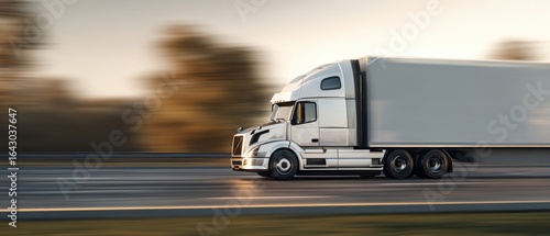 The truck speeding down the highway at sunset showcasing modern transportation.