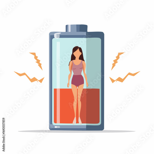 Human battery icon depleted woman standing at bottom, low energy level
