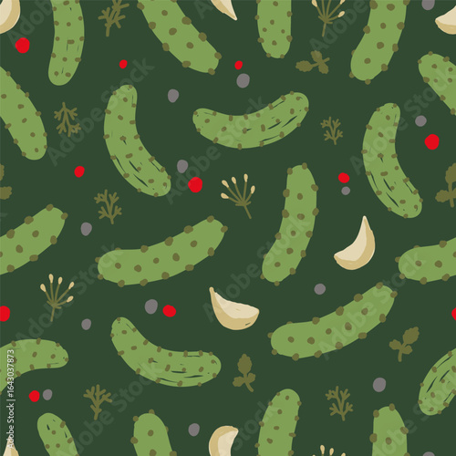 Seamless pattern with pickles, garlic, herbs and spices on green background. Hand drawn cucumbers ornament. Vegetable food and cooking concept.