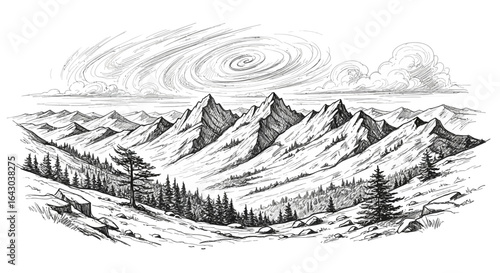 Monochromatic alpine mountain range vista with swirling cloud illustration