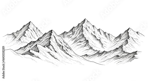 Monochromatic mountain range illustration with detailed line work effect