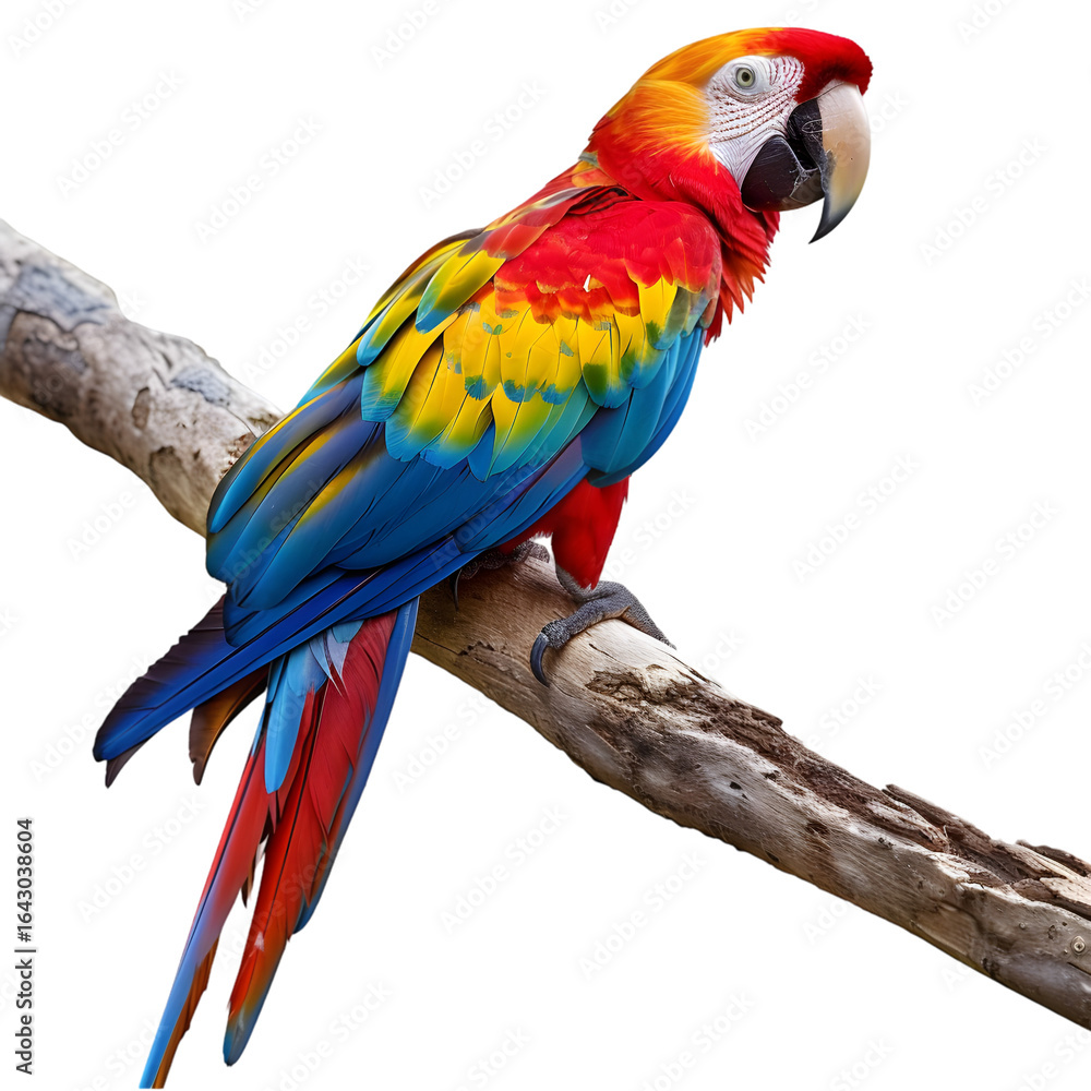 Obraz premium Vibrant scarlet macaw perched on a branch, showcasing its colorful feathers against a blurred background