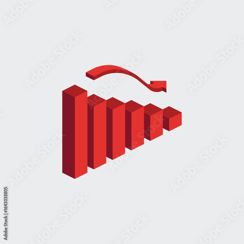 An isometric bar chart vector illustrating a business decline or negative trend. This graphic shows a step-by-step reduction in data with a curved arrow pointing downwards