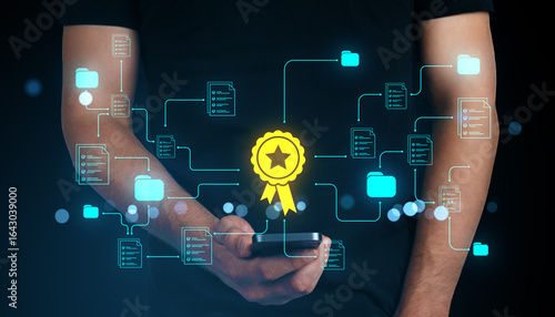 Photos Businessman holding smartphone with digital certificate and connected document icons representing secure data and quality compliance system