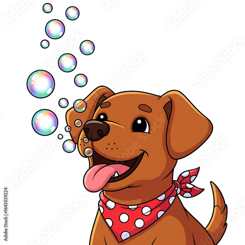 Cute cartoon dog with bandana playing with bubbles isolated on white background