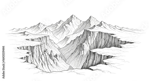 Monochrome mountain range with vast chasm illustration in linear style