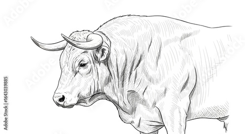 Powerful monochrome drawing showcasing a muscular bull with imposing horns