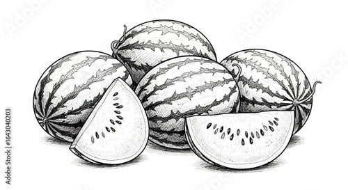 Striking monochromatic sketch showcasing watermelons and sliced segments