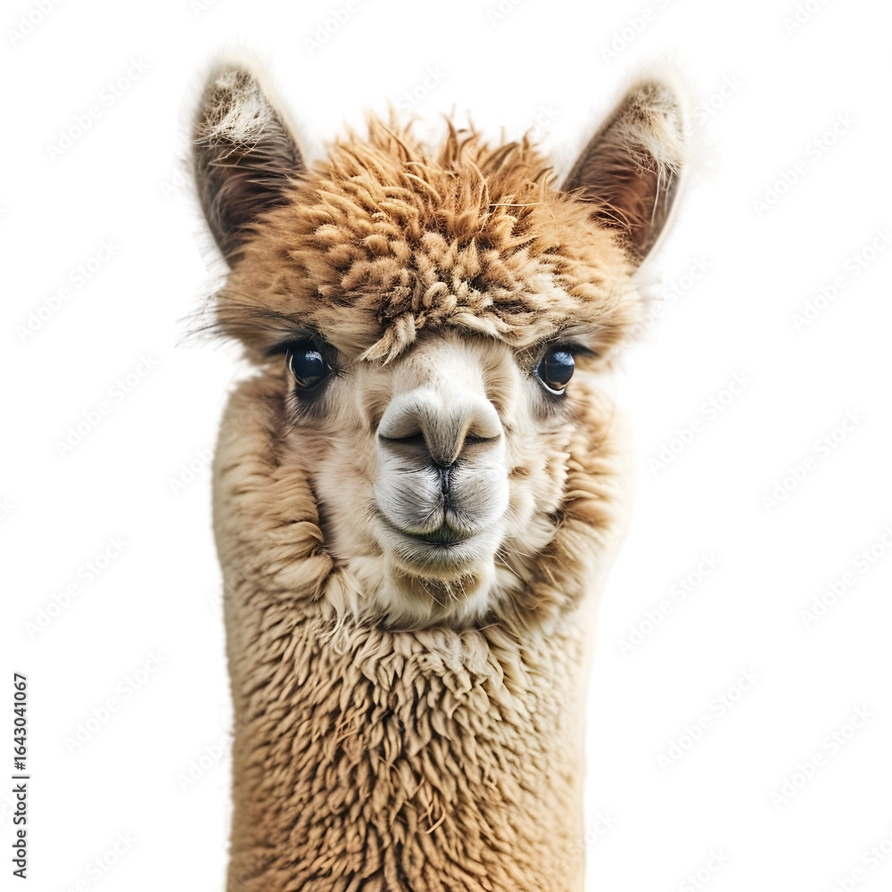 Obraz premium Close-up of a fluffy alpaca with a friendly expression, set against a plain background, ideal for animal photography