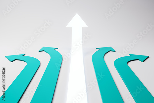 Foto Multiple teal arrows curving outward with one bright white arrow pointing straight upward on a gradient background symbolizing strategy and success