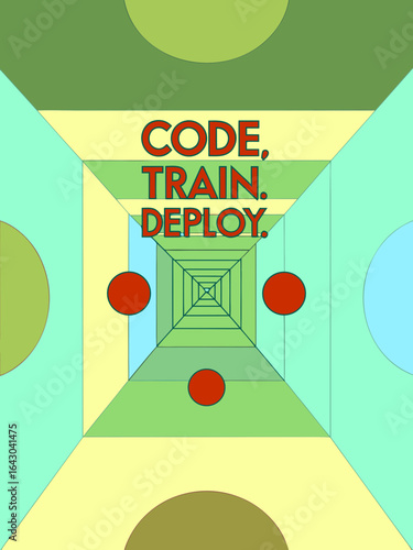 Code train deploy text on futuristic geometric background in green palette and vector style
